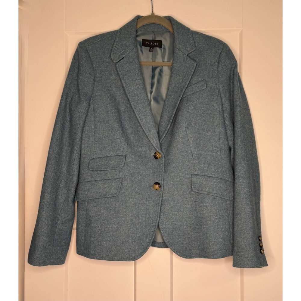 Talbots Wool Blend Blazer Women's 8 Blue Peplum Equestrian Preppy Jacket Career